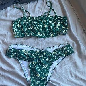 Two piece dark green w/ white floral pattern bikini